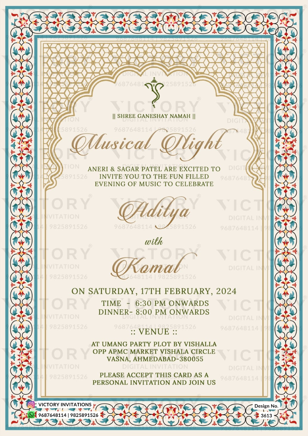 Glittery couple caricature invitation card for wedding ceremony of hindu gujarati patel family in english language with traditional theme design 3613