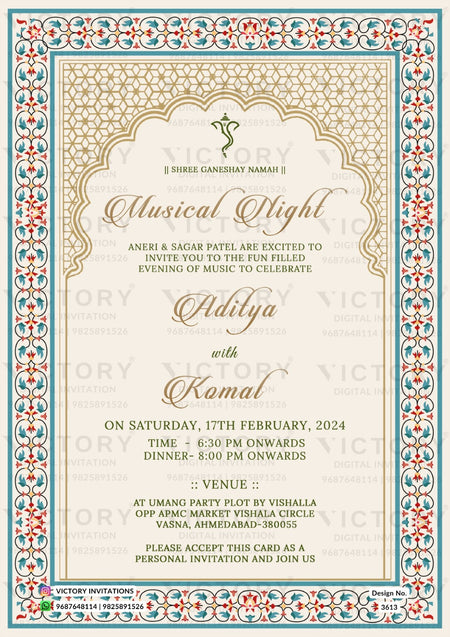 Glittery couple caricature invitation card for wedding ceremony of hindu gujarati patel family in english language with traditional theme design 3613