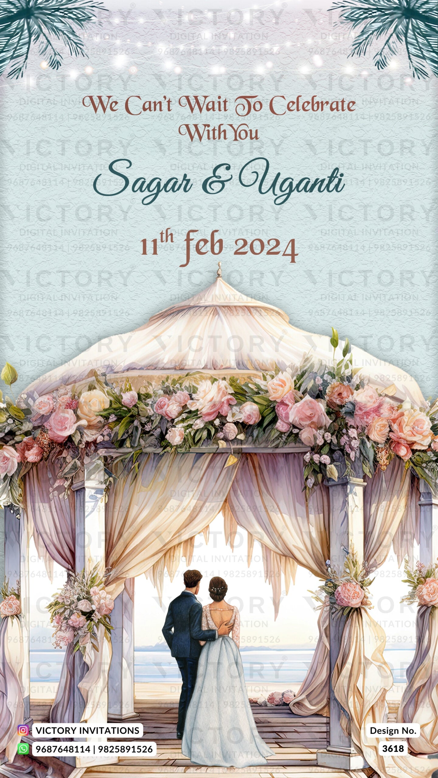 Wedding ceremony invitation card of hindu modern family in english language with beach theme design 3618