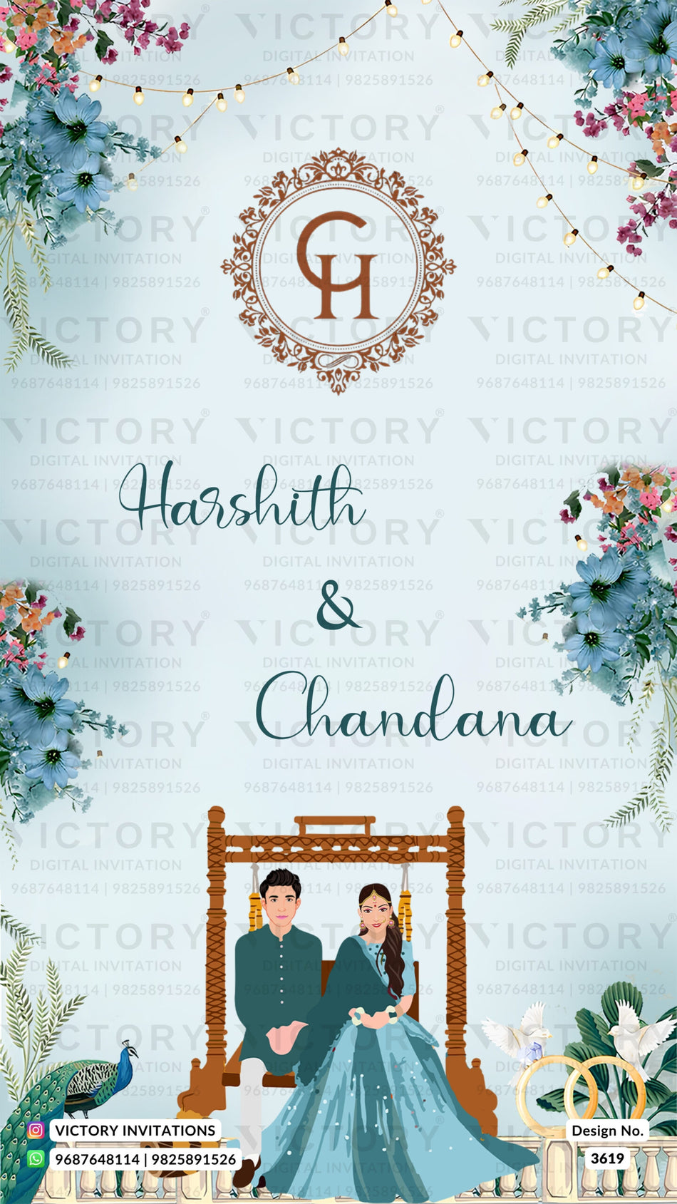 Engagement ceremony invitation card in english language with peacock, couple doodle as traditional theme design 3619