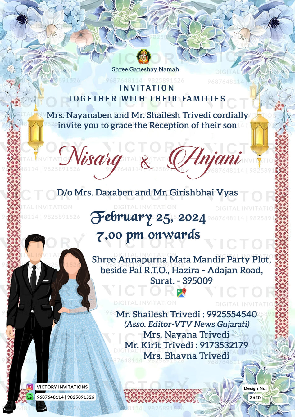 Reception Party invitation card in english language with flowers, stylish couple doodle as floral theme design 3620