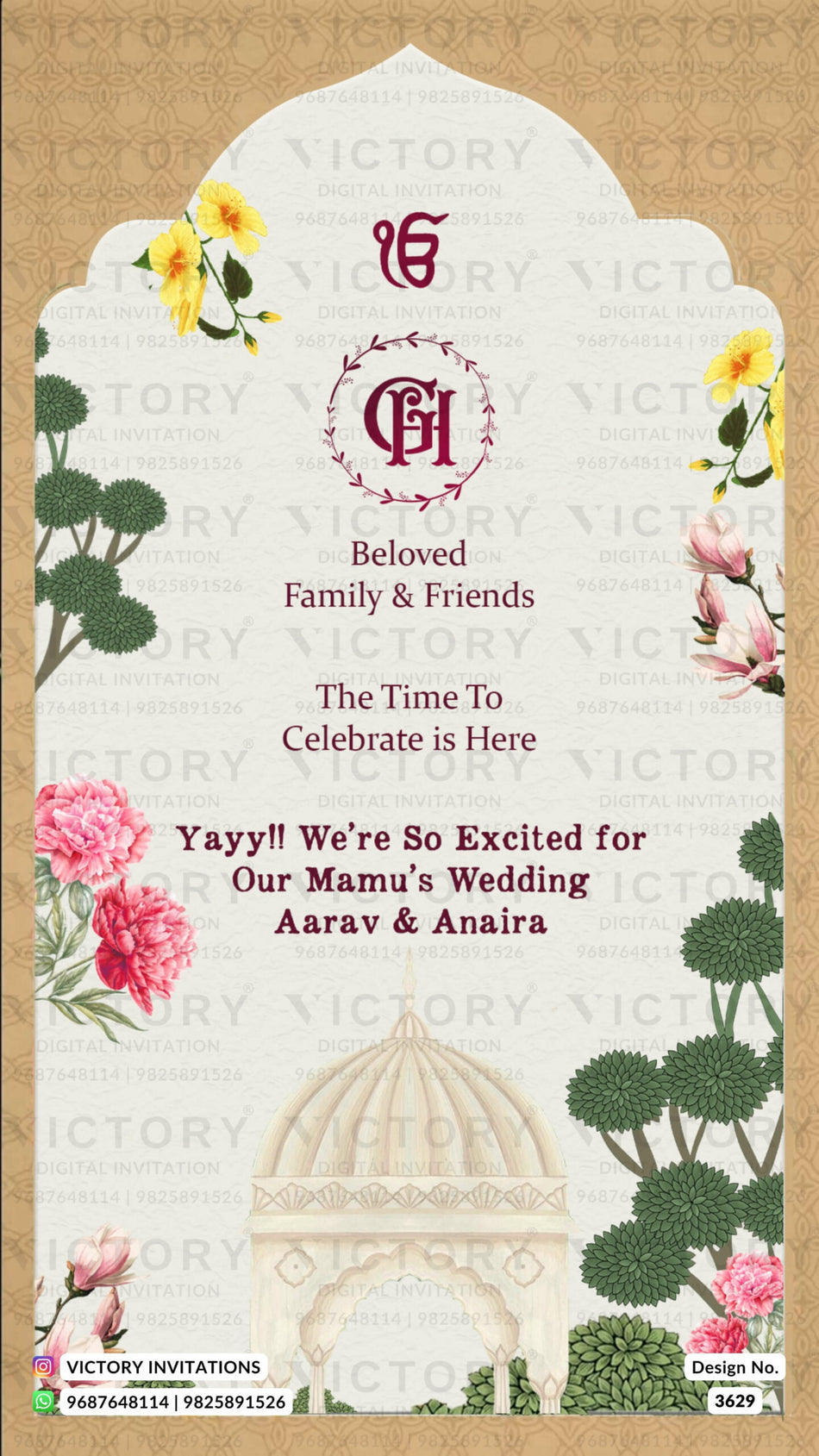 Wedding ceremony invitation card of hindu punjabi sikh family in English language with Arch theme design 3629