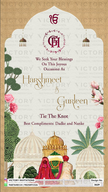 Wedding ceremony invitation card of hindu punjabi sikh family in English language with Arch theme design 3629
