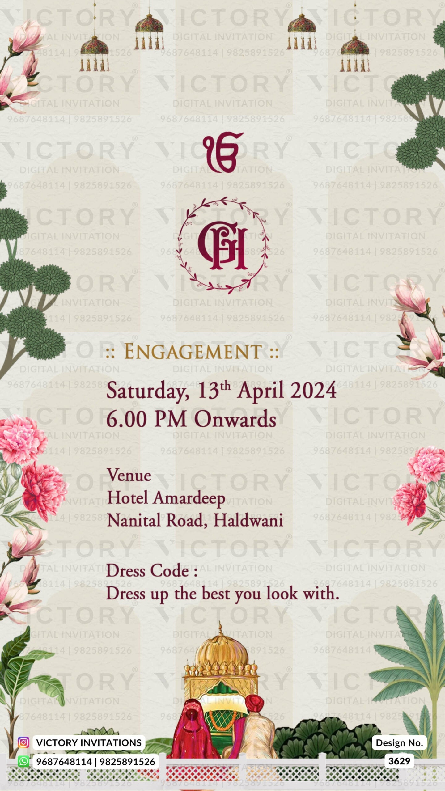 Wedding ceremony invitation card of hindu punjabi sikh family in English language with Arch theme design 3629