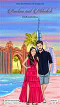 Stylish couple caricature invitation card for wedding ceremony of hindu modern family in english language with beach theme design 3631