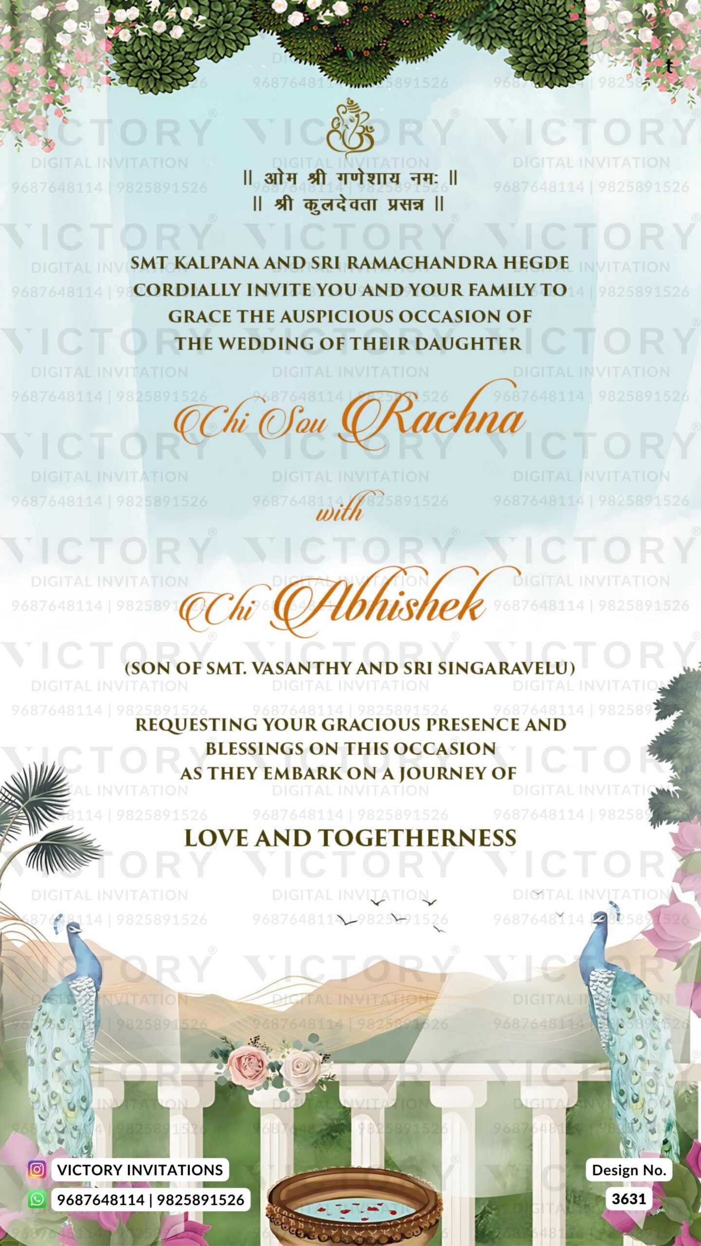 Wedding ceremony invitation card of hindu modern family in english language with beach theme design 3631