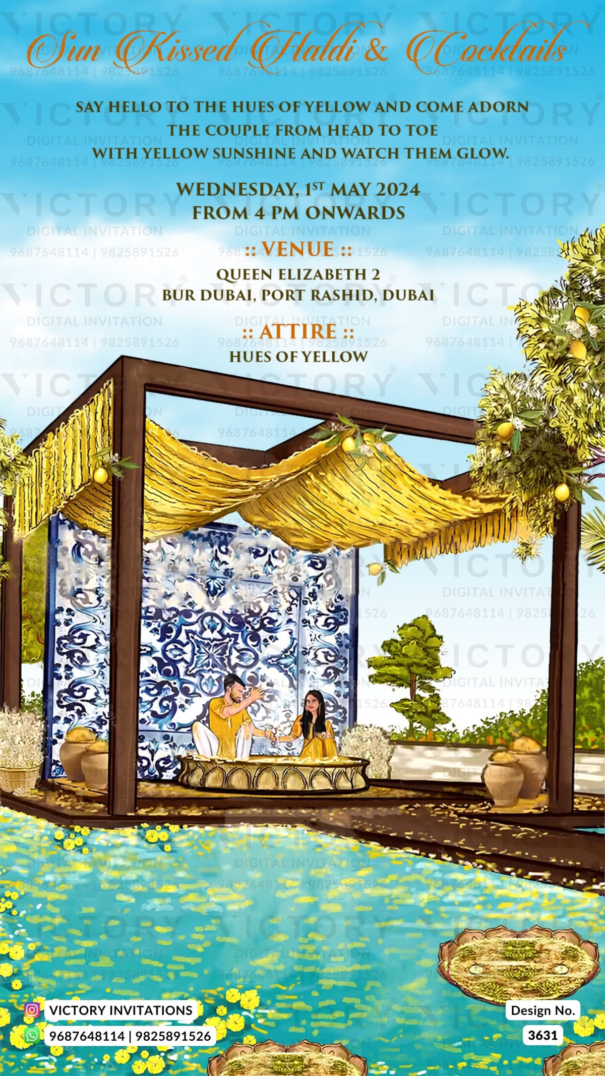 Wedding ceremony invitation card of hindu modern family in english language with beach theme design 3631
