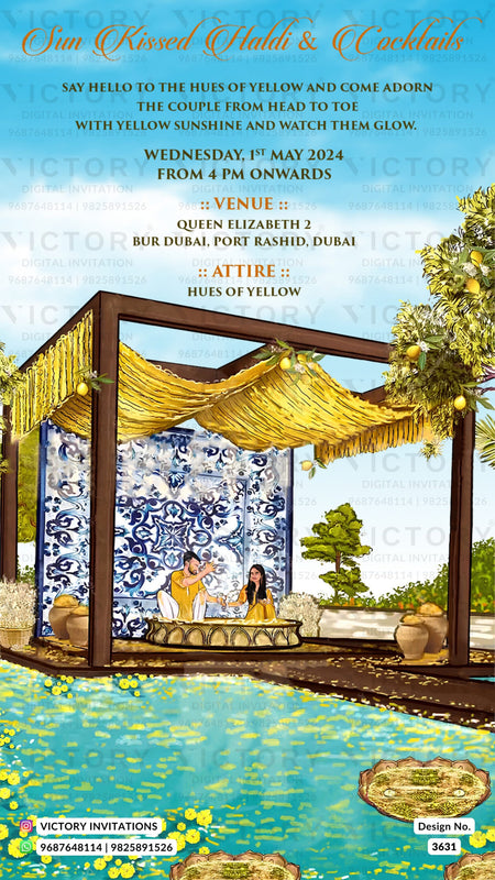 Wedding ceremony invitation card of hindu modern family in english language with beach theme design 3631