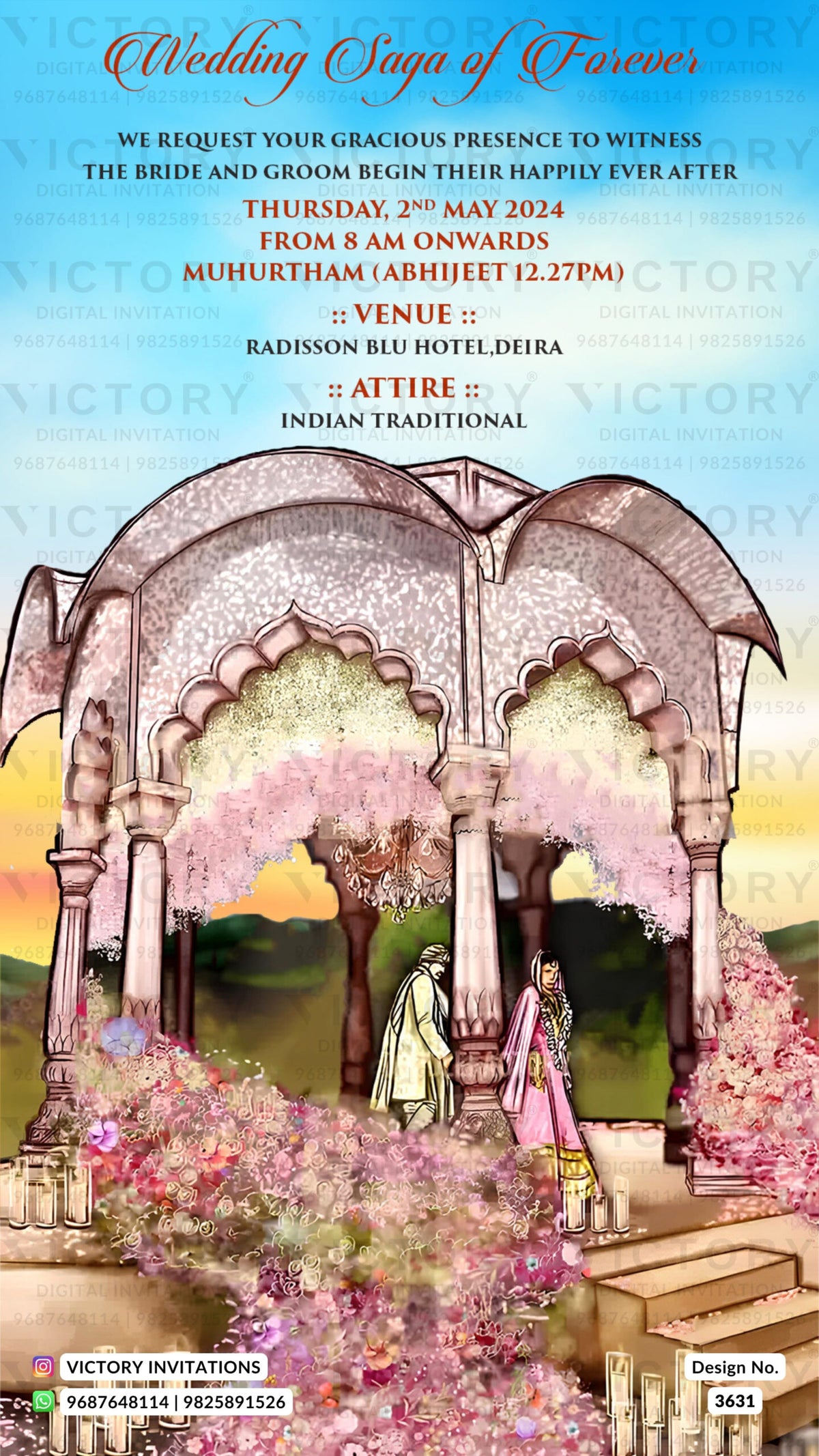 Wedding ceremony invitation card of hindu modern family in english language with beach theme design 3631