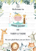 Mundan Ceremony invitation card in english language with animals, boho leaves, sticker as animal theme design 3633