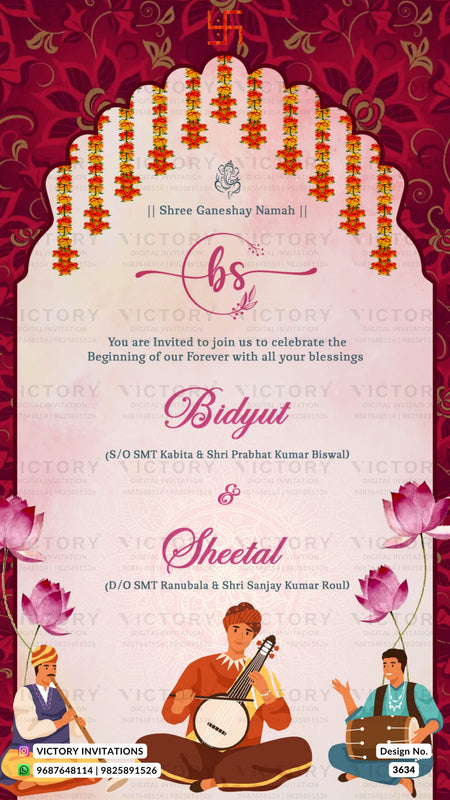 stylish couple caricature invitation card for wedding ceremony of hindu Odiya family in english language with traditional theme design 3634