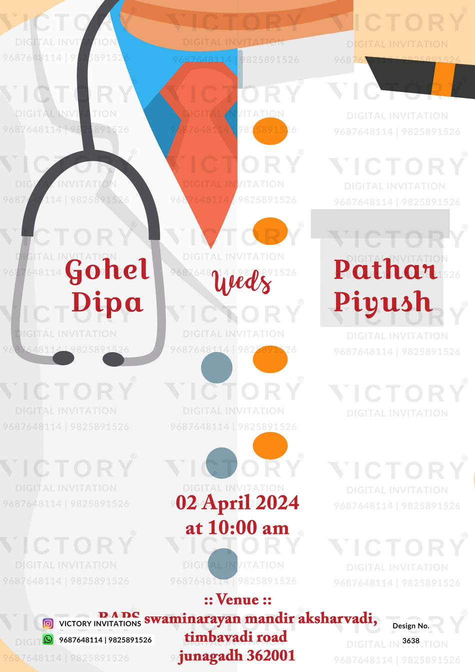 Engagement ceremony invitation card in english language with doctor and army theme design 3638