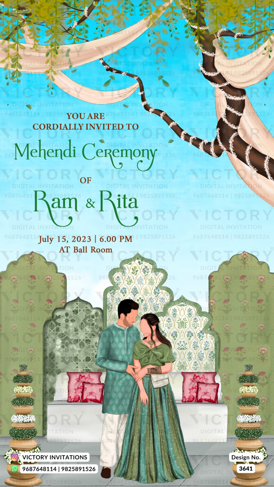 Mehendi ceremony invitation card in english language with couple doodle, sofa as traditional theme design 3641