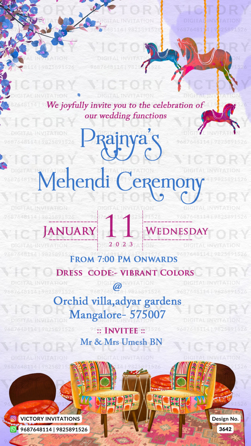 Mehendi ceremony invitation card in english language with Carousel Horse, flower, chair as traditional theme design 3642