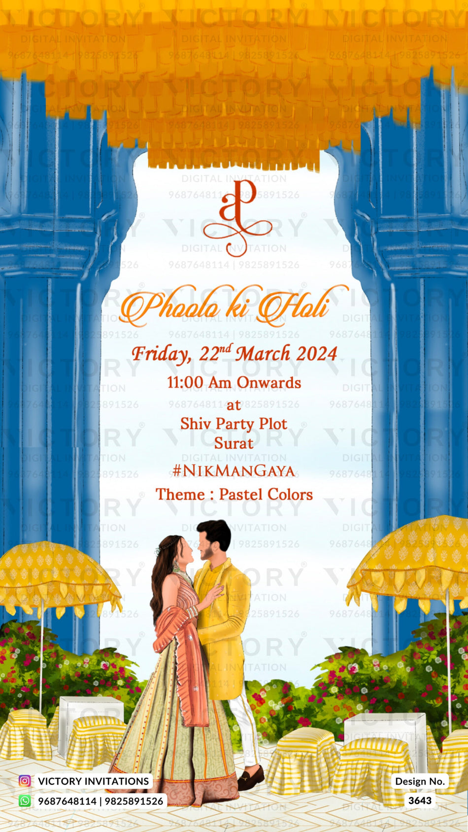 Haldi ceremony invitation card in english language with couple doodle, couple logo as romantic theme design 3643