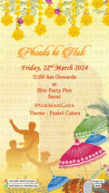 Haldi ceremony invitation card in english language with umbrella, drums as floral theme design 3644