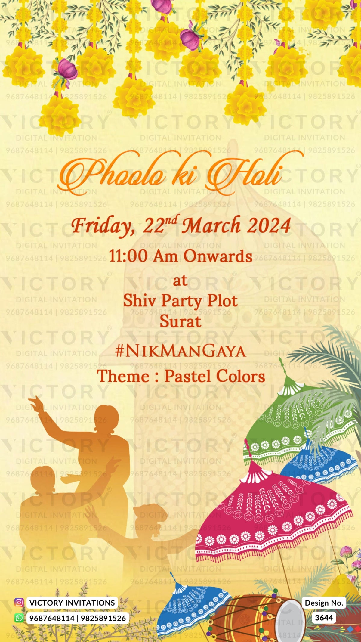 Haldi ceremony invitation card in english language with umbrella, drums as floral theme design 3644