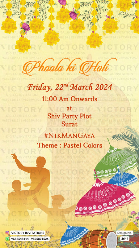 Haldi ceremony invitation card in english language with umbrella, drums as floral theme design 3644