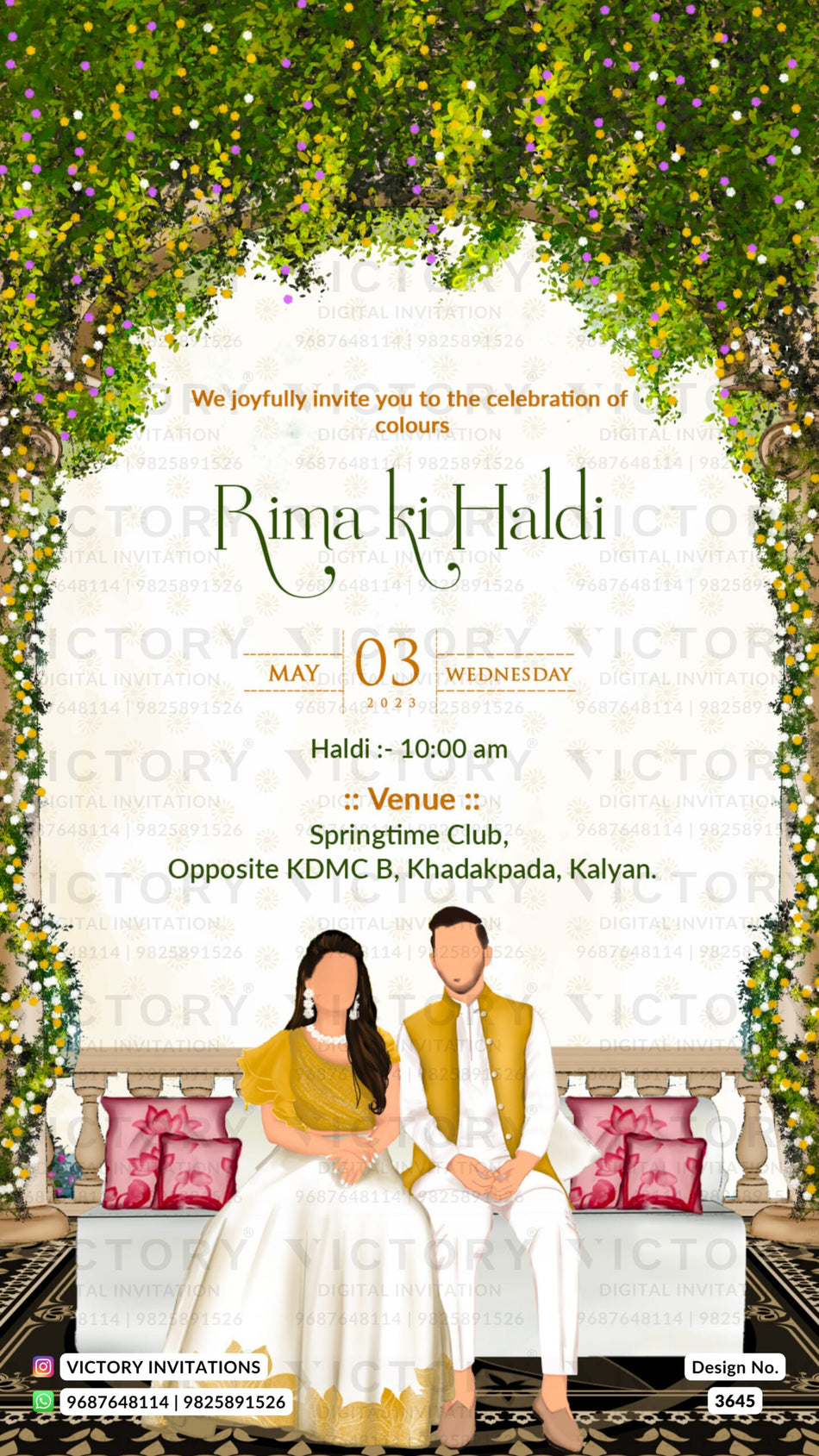 Haldi ceremony invitation card in english language with couple doodle, leaves as gate theme design 3645