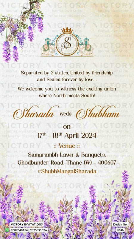 Wedding ceremony invitation card of hindu maharashtrian marathi family in English language with Artistic floral theme design 3646