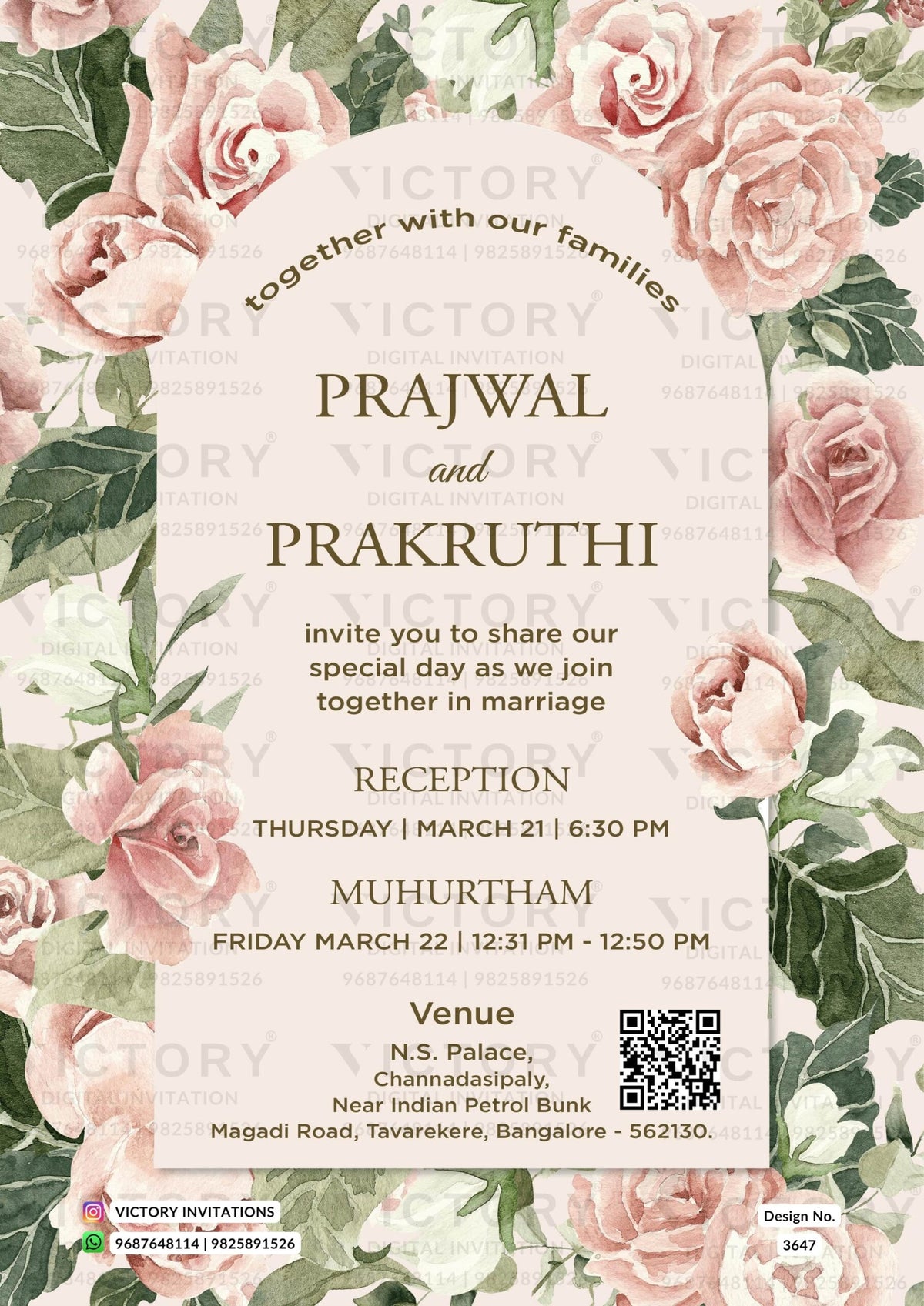 Wedding ceremony invitation card of hindu south indian kannada family in English language with Arch theme design 3647