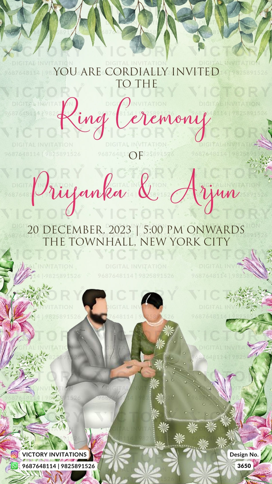 Engagement ceremony invitation video in english language with flowers, couple doodle as artistic leaves theme design 3650