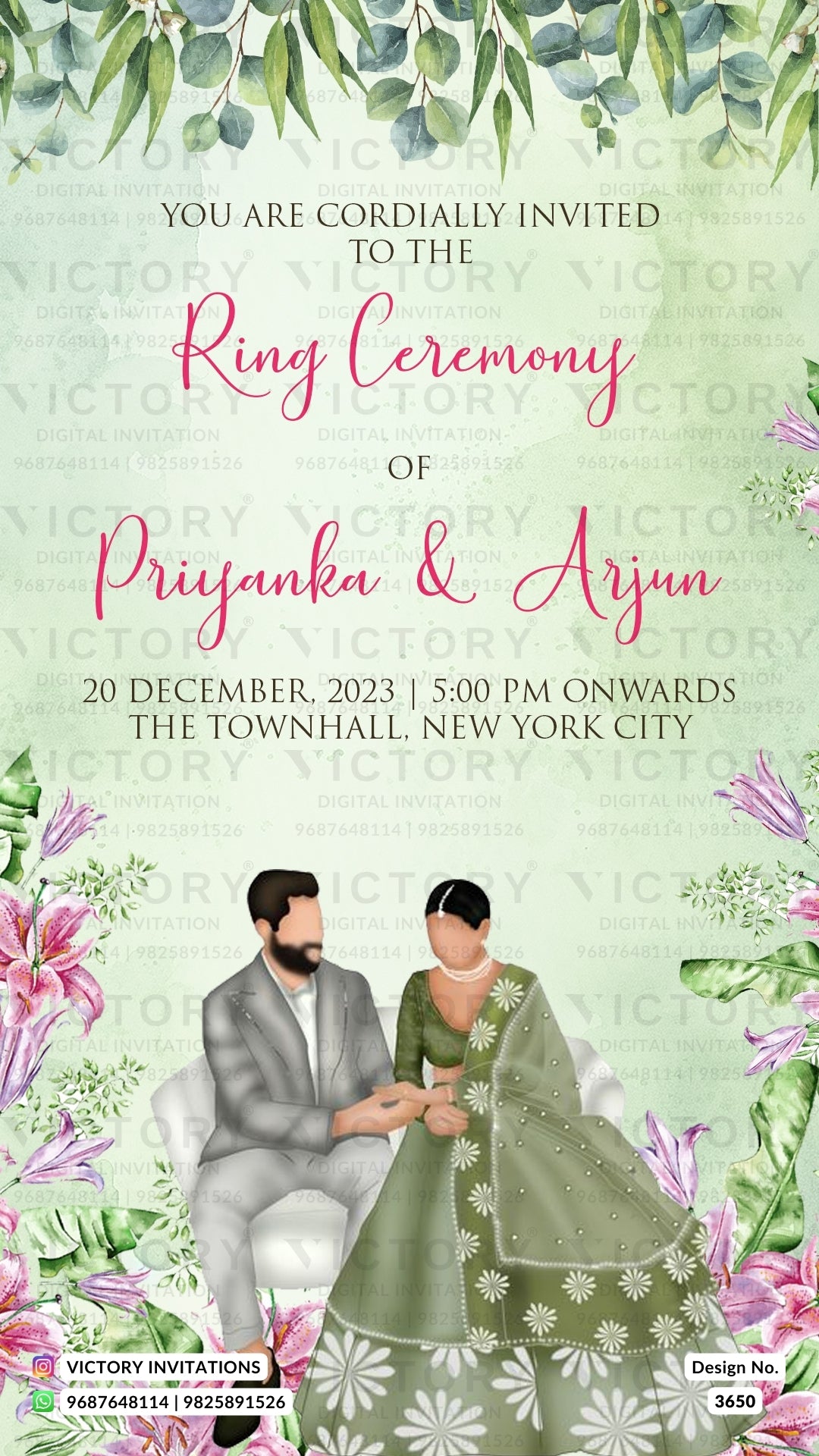 Engagement ceremony invitation video in english language with flowers, couple doodle as artistic leaves theme design 3650