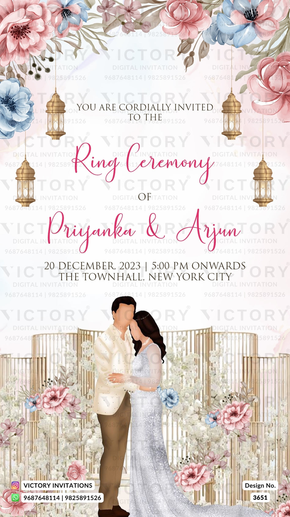 Engagement ceremony invitation card in english language with flowers, lantern, couple doodle as royal theme design 3651