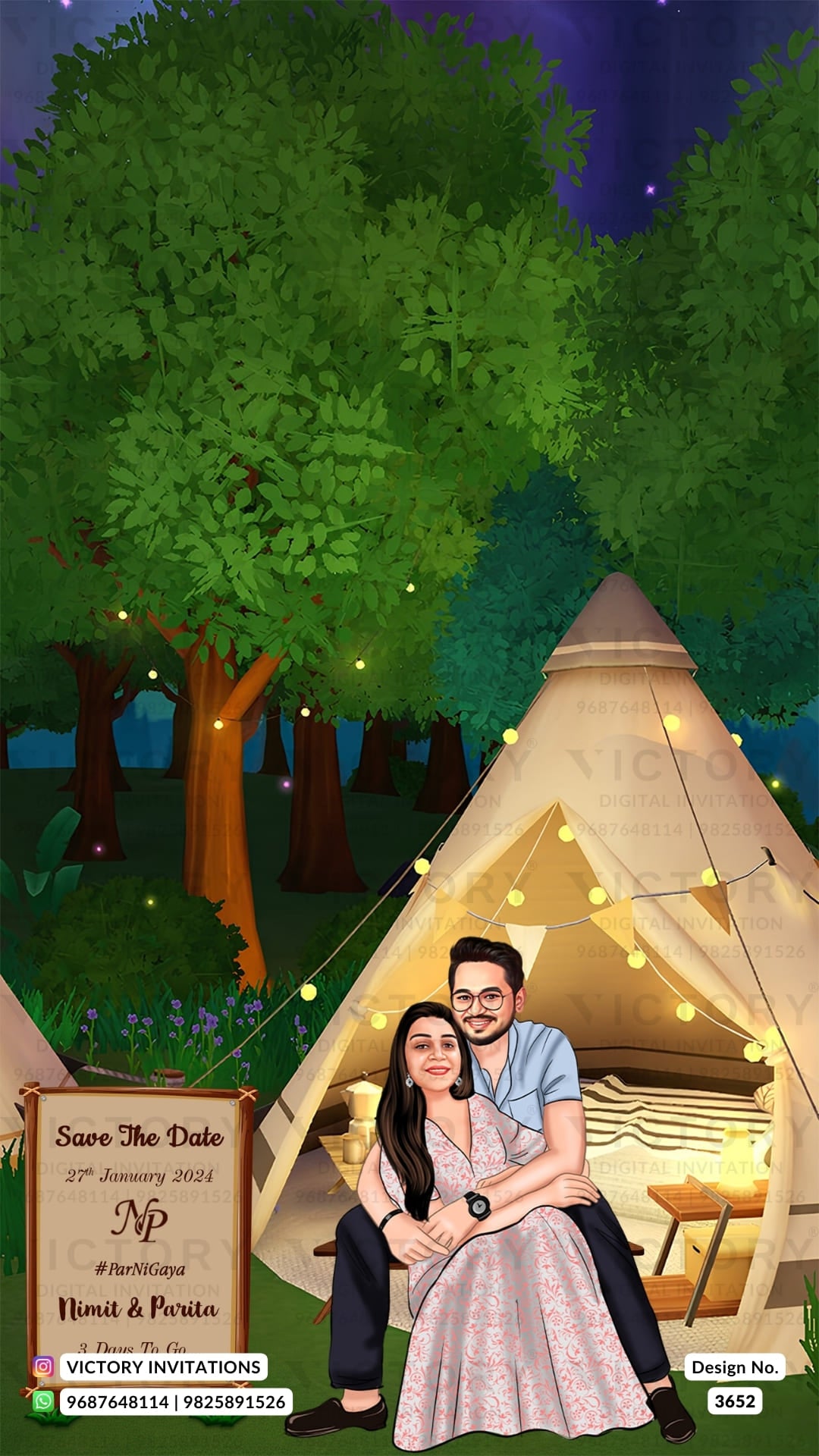 romantic couple caricature invitation card for Save the Date in English language with forest theme design 3652