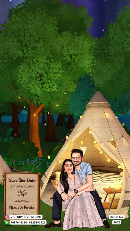 romantic couple caricature invitation card for Save the Date in English language with forest theme design 3652