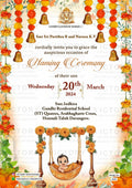 Baby Naming ceremony invitation card in english language with baby doodle, leaves, swing, bells as floral theme design 3665