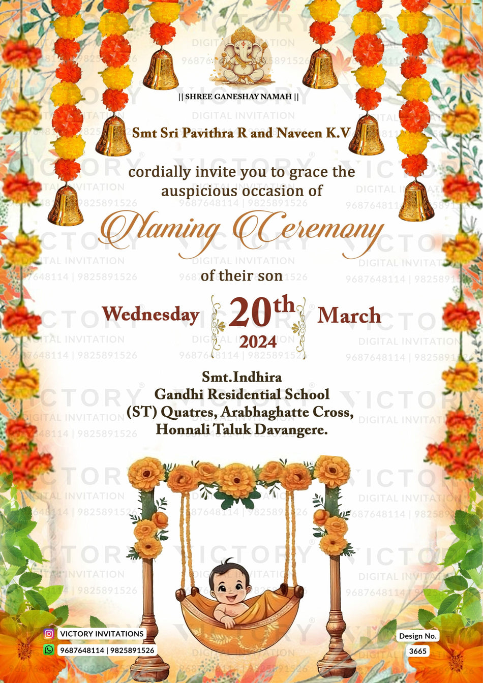 Baby Naming ceremony invitation card in english language with baby doodle, leaves, swing, bells as floral theme design 3665
