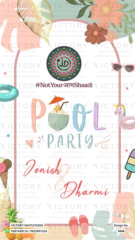 Pool Party Welcome Standee design for Wedding in english language with pineapple, ice cream, coconut as floral theme design 3666