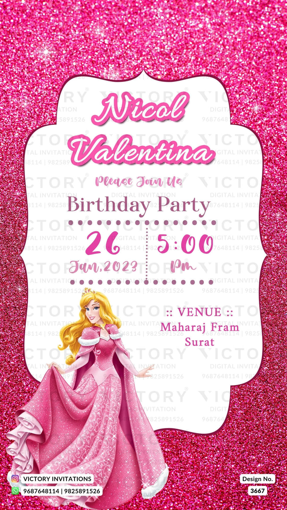 Birthday party invitation card for girl in English language with barbie theme design 3667