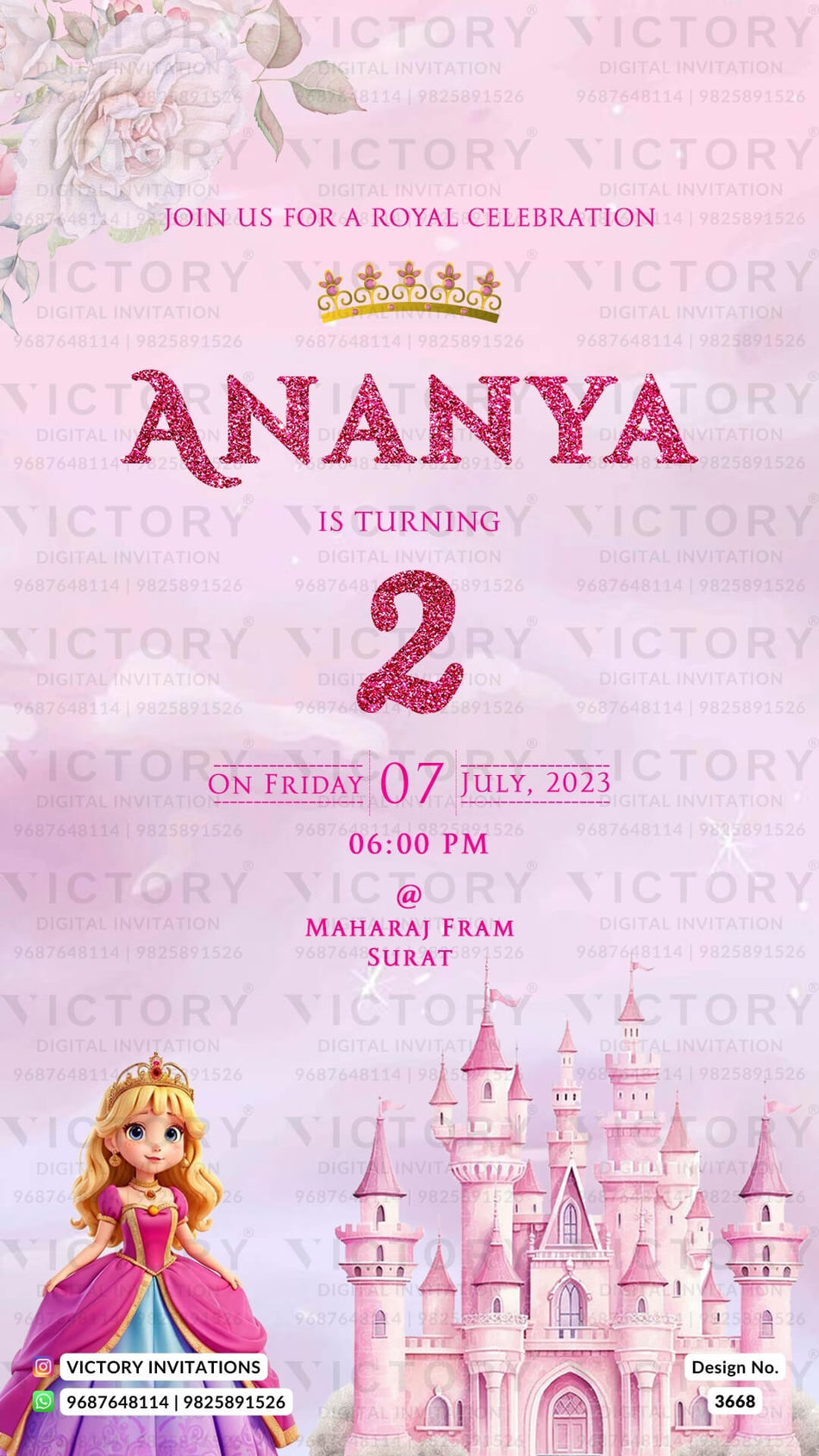 Birthday party invitation card for girl in English language with cindrella castle as barbie theme design 3668