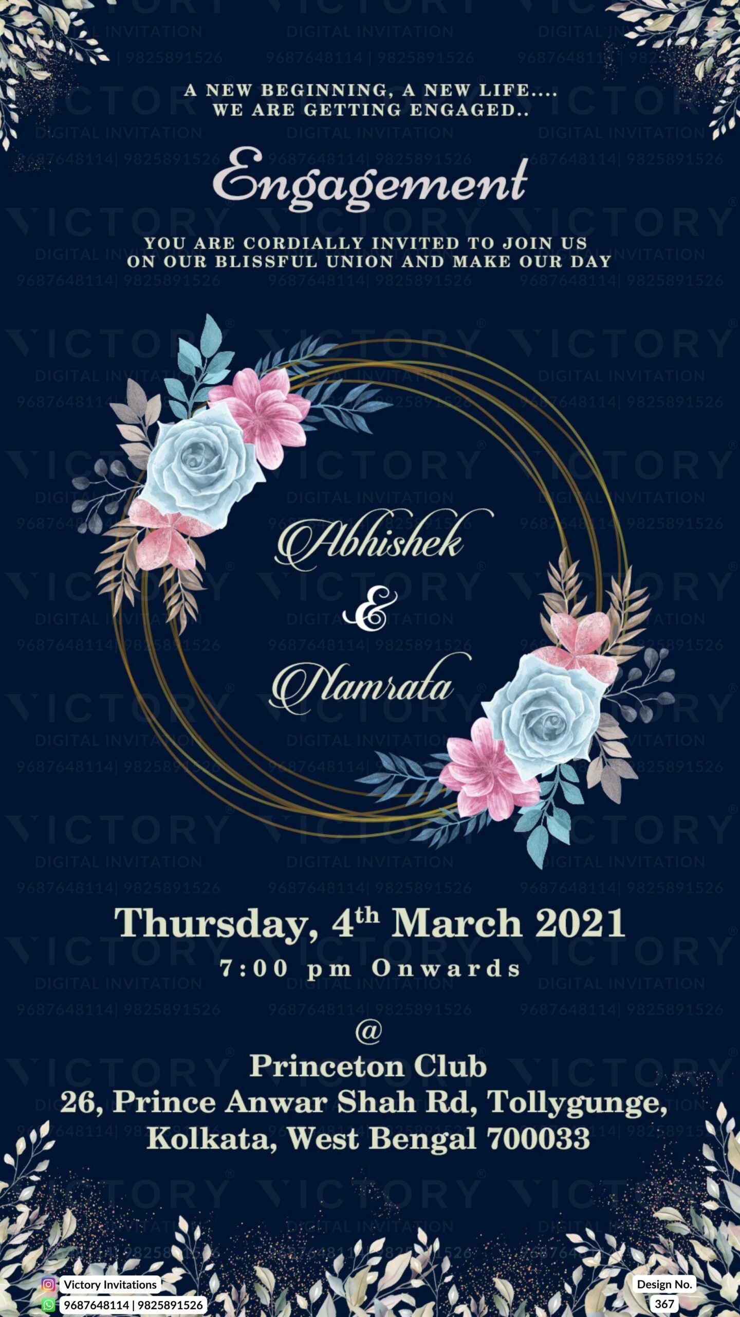 Engagement ceremony invitation video in english language with round frame as floral theme design 367