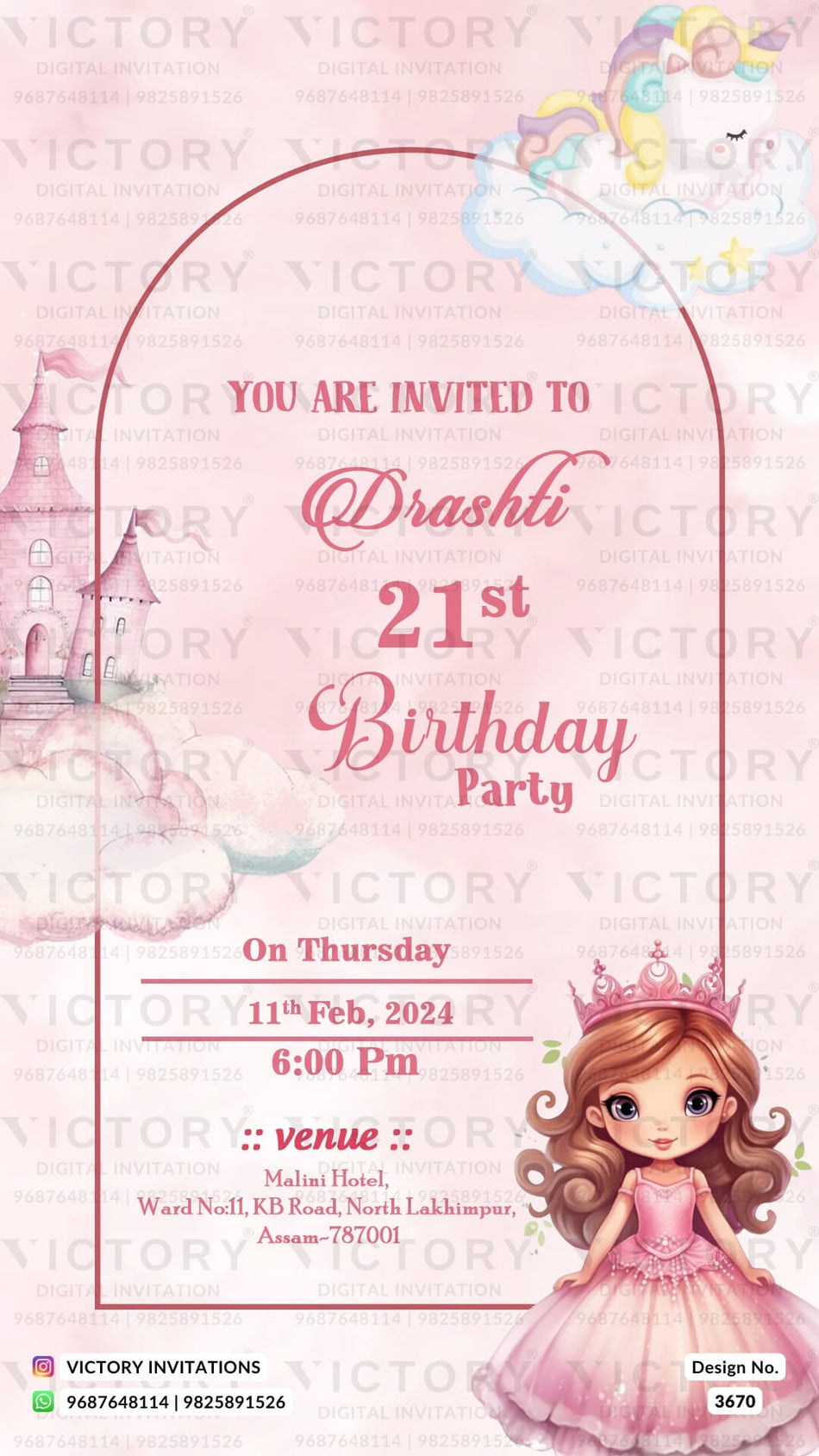 Birthday party invitation card for girl in English language with barbie theme design 3670