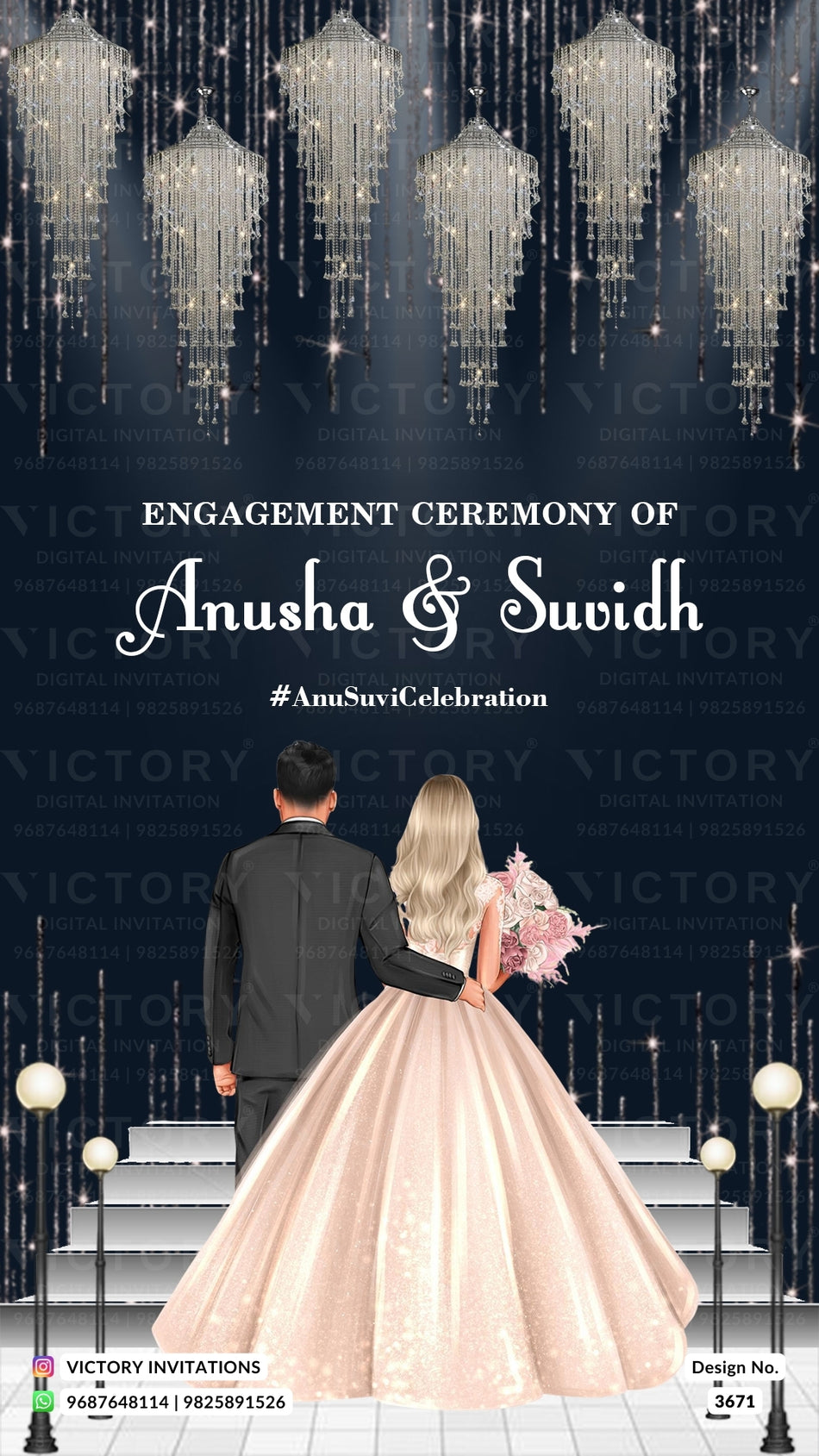 Engagement ceremony invitation card in english language with couple doodle, ganesha logo as glittery theme design 3671