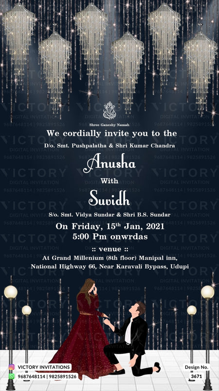 Engagement ceremony invitation card in english language with couple doodle, ganesha logo as glittery theme design 3671