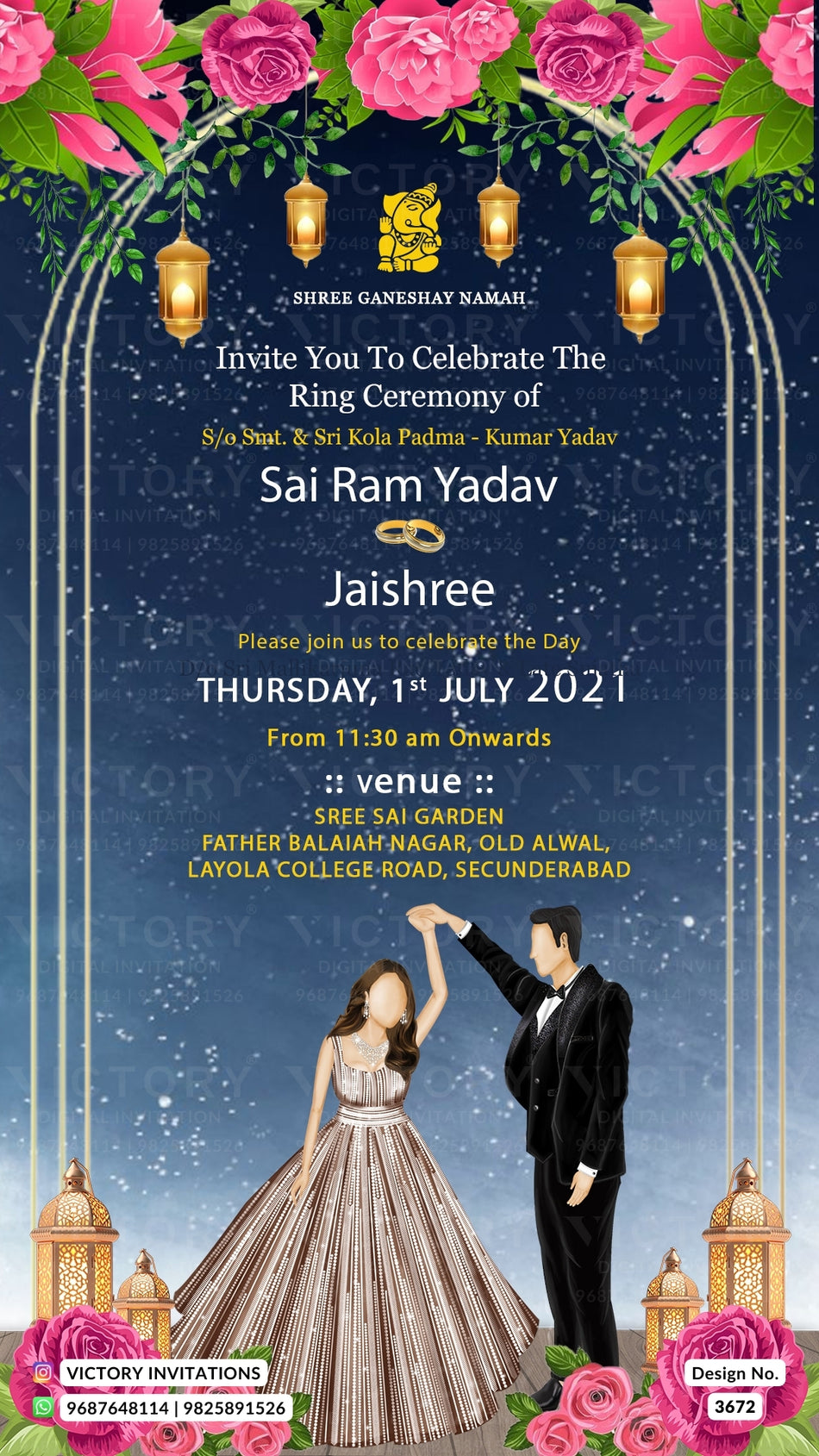Engagement ceremony invitation video in english language with flowers, lantern, couple doodle as night theme design 3672