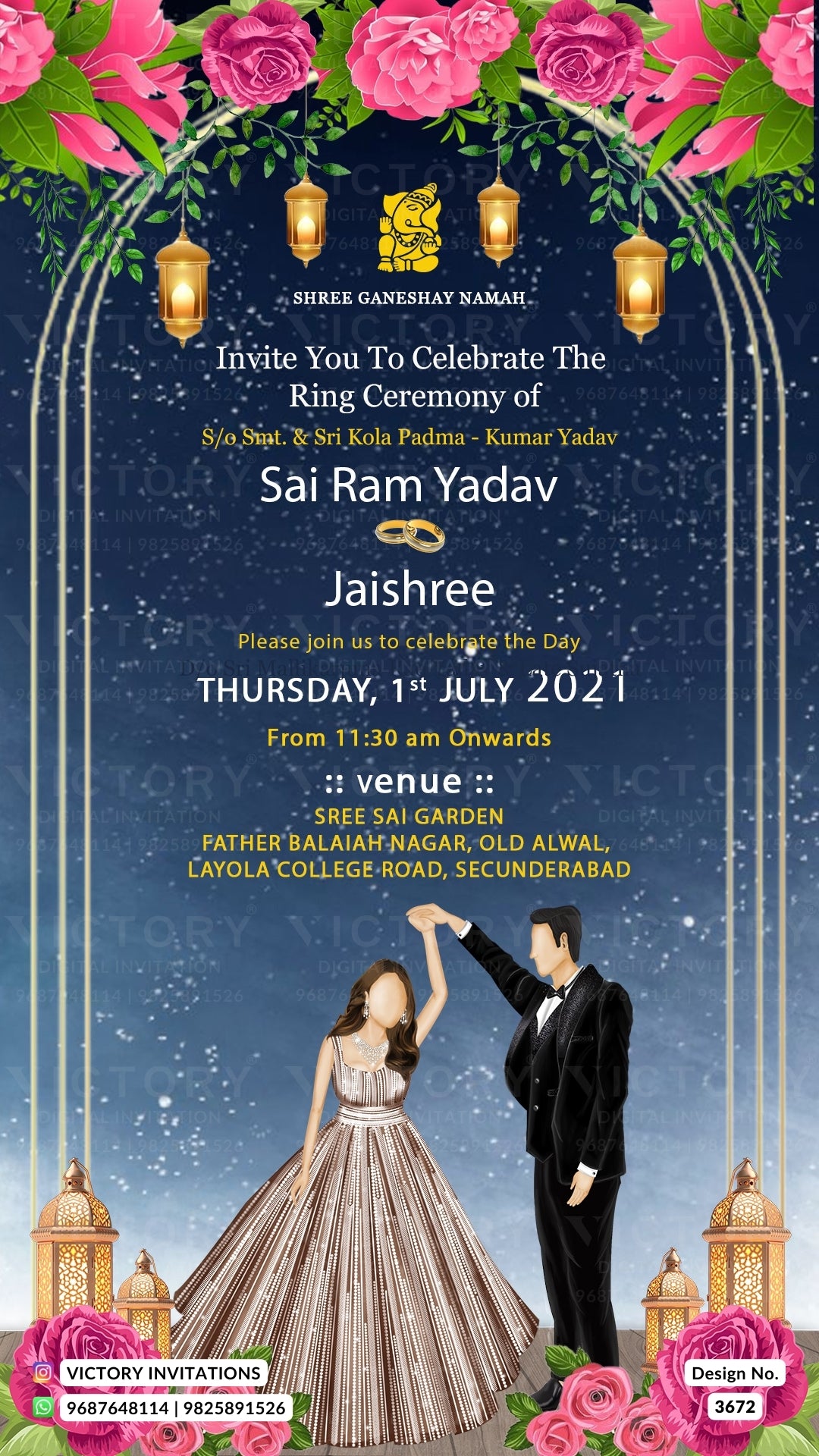 Engagement ceremony invitation video in english language with flowers, lantern, couple doodle as night theme design 3672