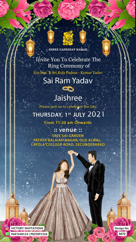 Engagement ceremony invitation video in english language with flowers, lantern, couple doodle as night theme design 3672