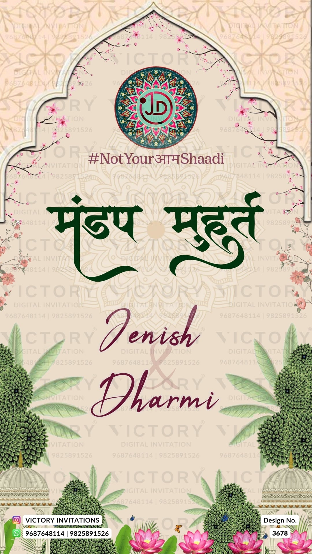 Mandap Welcome Standee design for Wedding in english language with temple, flowers as Garden theme design 3678