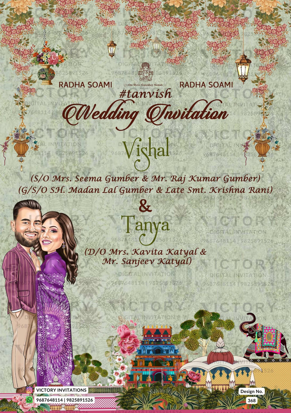 Charming couple caricature invitation card for wedding ceremony of hindu gujarati patel family in english language with vintage theme design 368