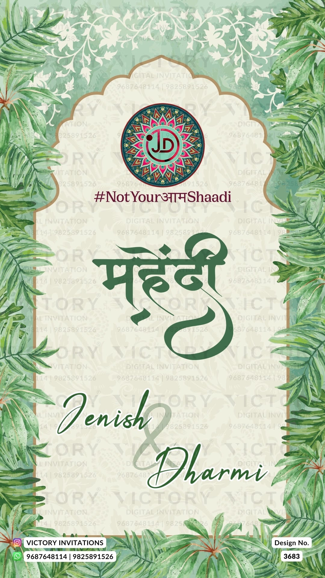 Mehendi Welcome Standee design in english language with green leaves, couple logo as arch theme design 3683