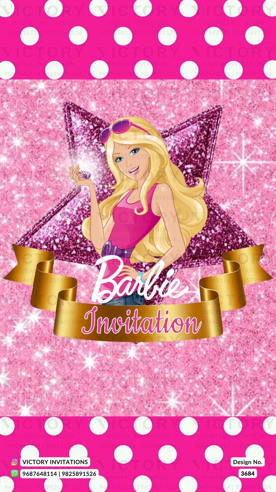 Birthday party invitation card for girl in English language with glittery barbie theme design 3684