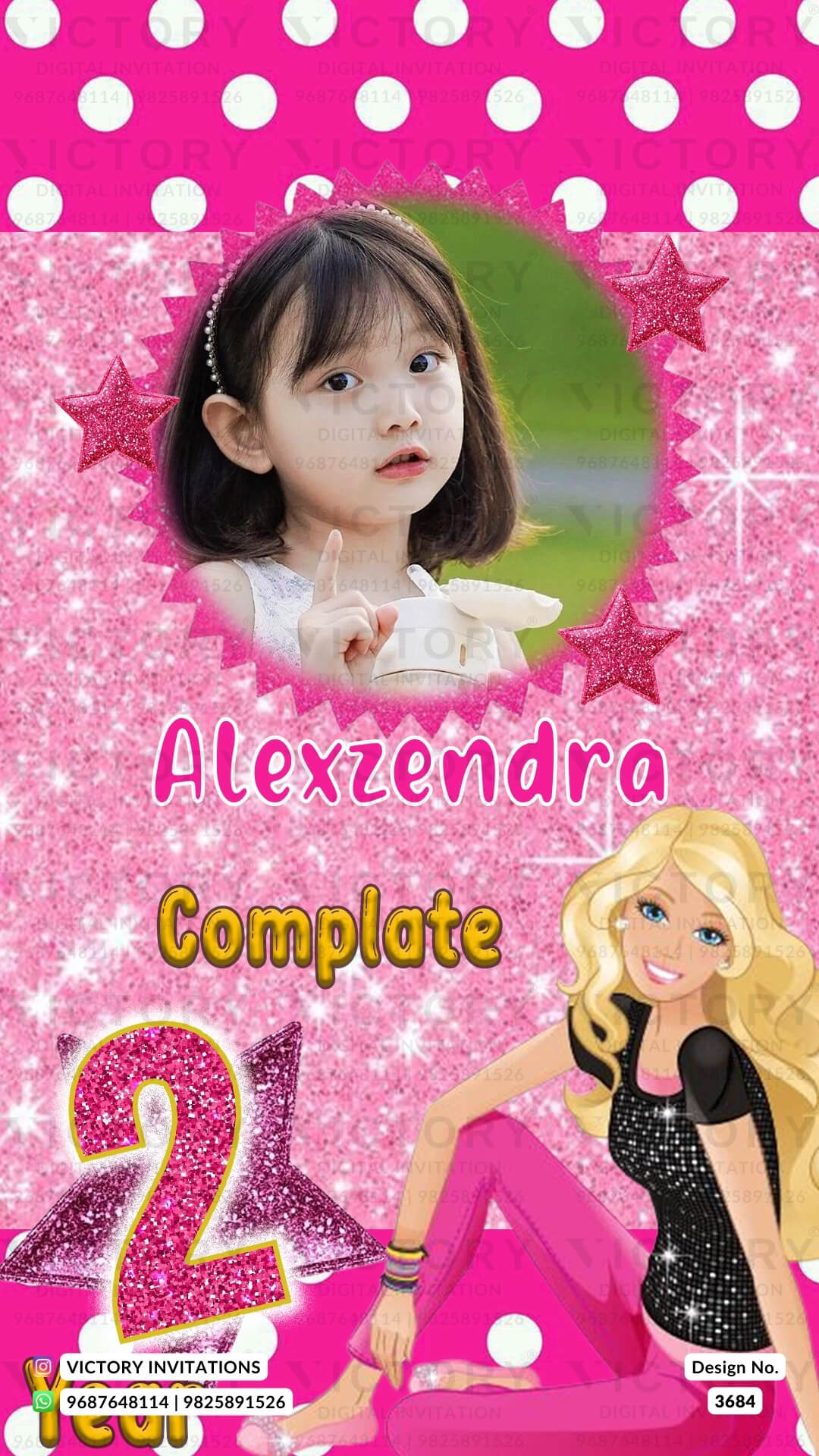 Birthday party invitation card for girl in English language with glittery barbie theme design 3684
