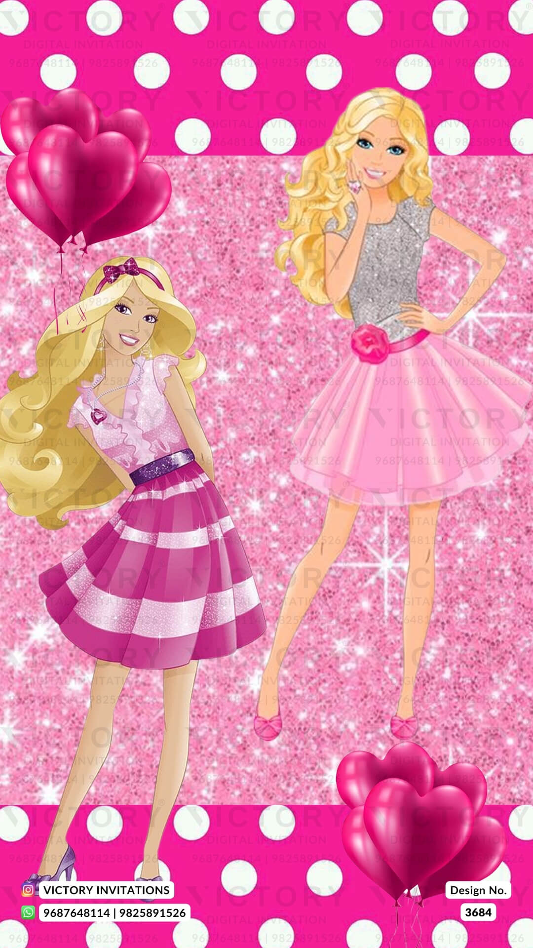 Birthday party invitation card for girl in English language with glittery barbie theme design 3684