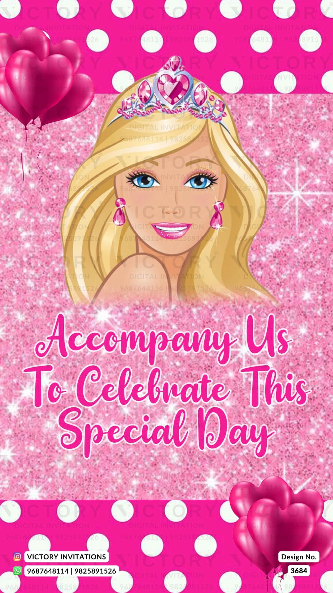Birthday party invitation card for girl in English language with glittery barbie theme design 3684