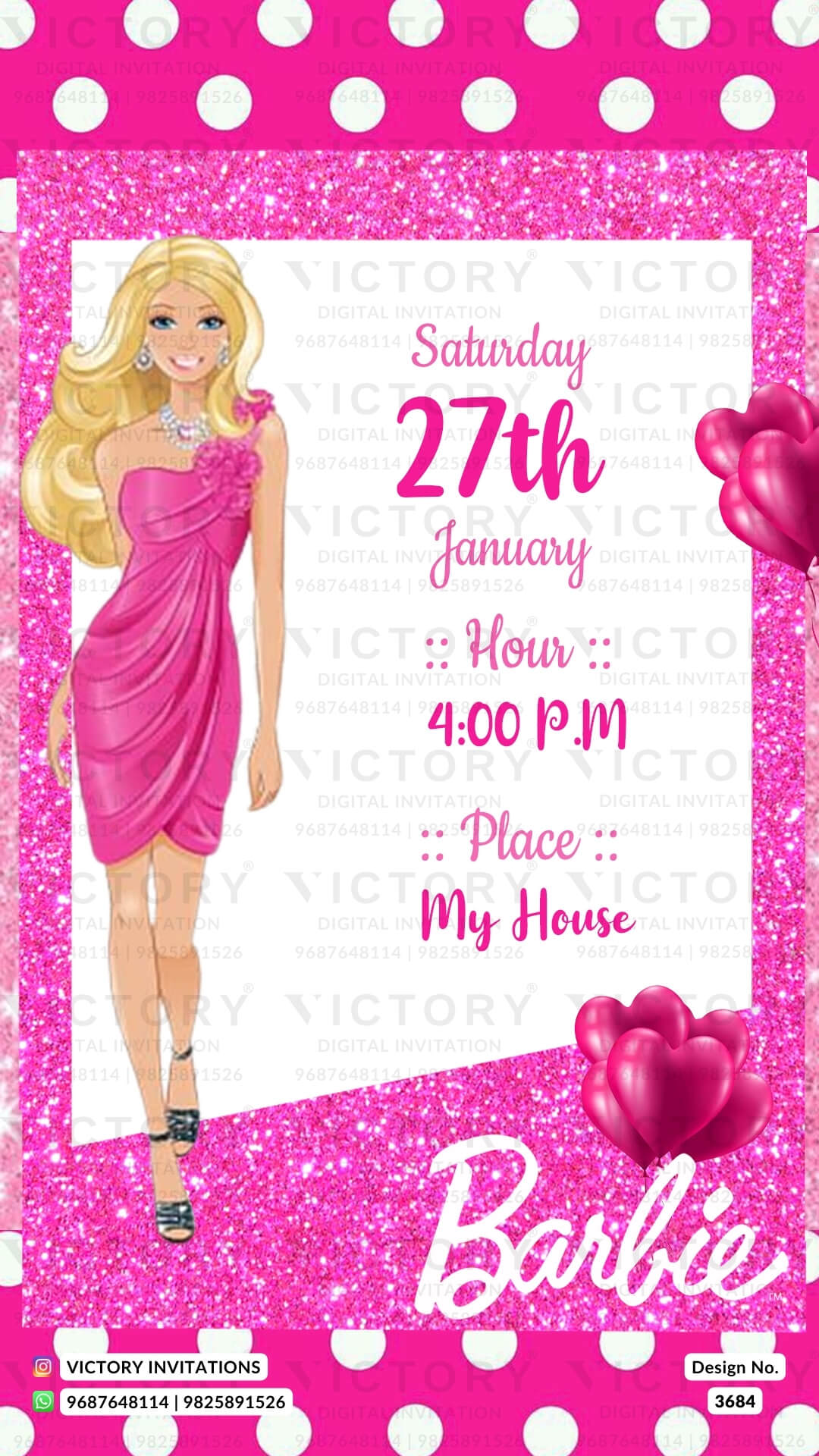 Birthday party invitation card for girl in English language with glittery barbie theme design 3684